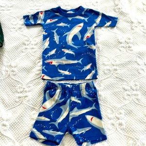 Hanna Andersson Boy’s Short Johns Pajamas Set Blue Swimming Sharks Size US 6-7